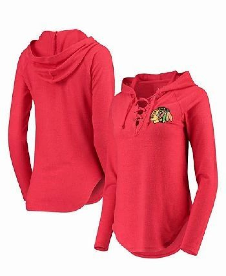 Sports Fan Shop * | Women'S Chicago Blackhawks Soaring Puck Pullover Lace-Up V-Neck Hoodie Red