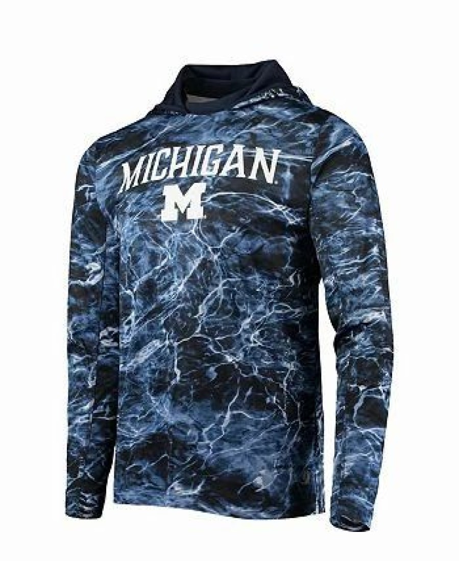 Sports Fan Shop * | Men'S Michigan Wolverines Mossy Oak Spf 50 Performance Long Sleeve Hoodie T-Shirt Navy