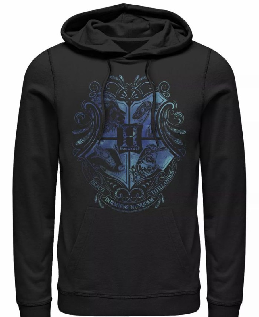 Hoodies & Sweatshirts * | Men'S Deathly Hallows 2 Hogwarts Fleece Pullover Hoodie Black