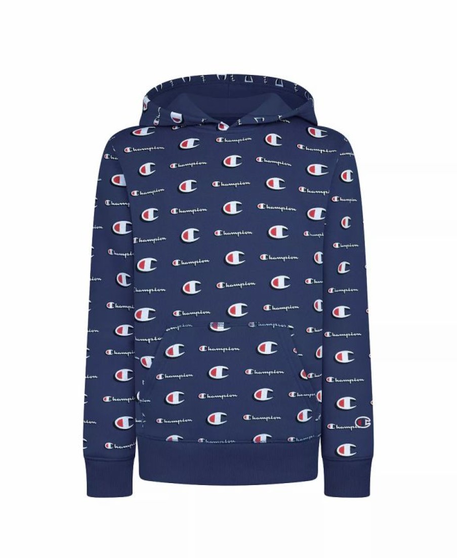 Kids * | Champion Big Boys All Over Print Fleece Hoodie Navy