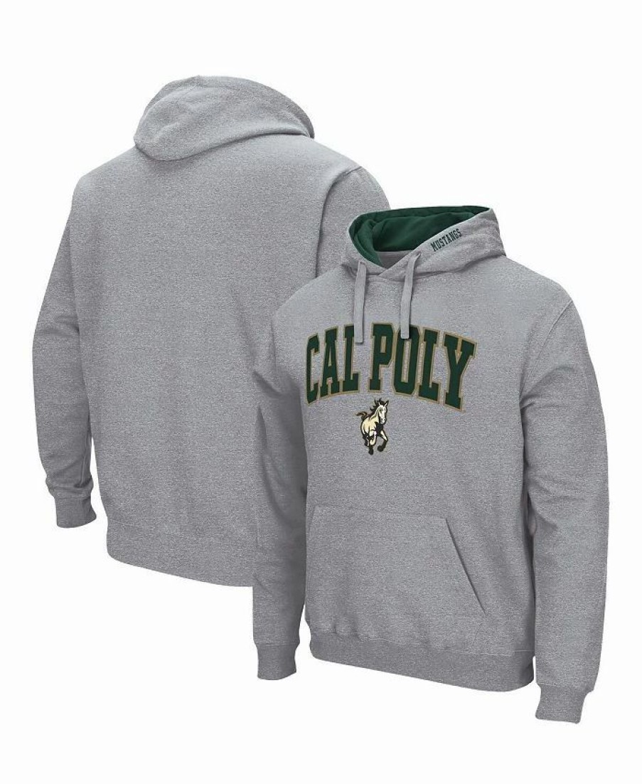 Sports Fan Shop * | Men'S Cal Poly Mustangs Arch And Logo Pullover Hoodie Heathered Gray