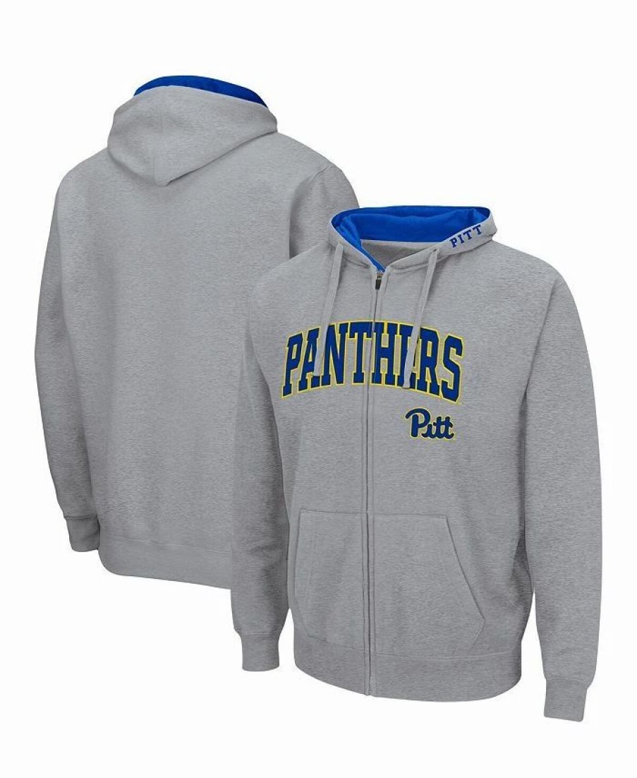 Sports Fan Shop * | Men'S Pitt Panthers Arch & Logo 3.0 Full-Zip Hoodie Heathered Gray