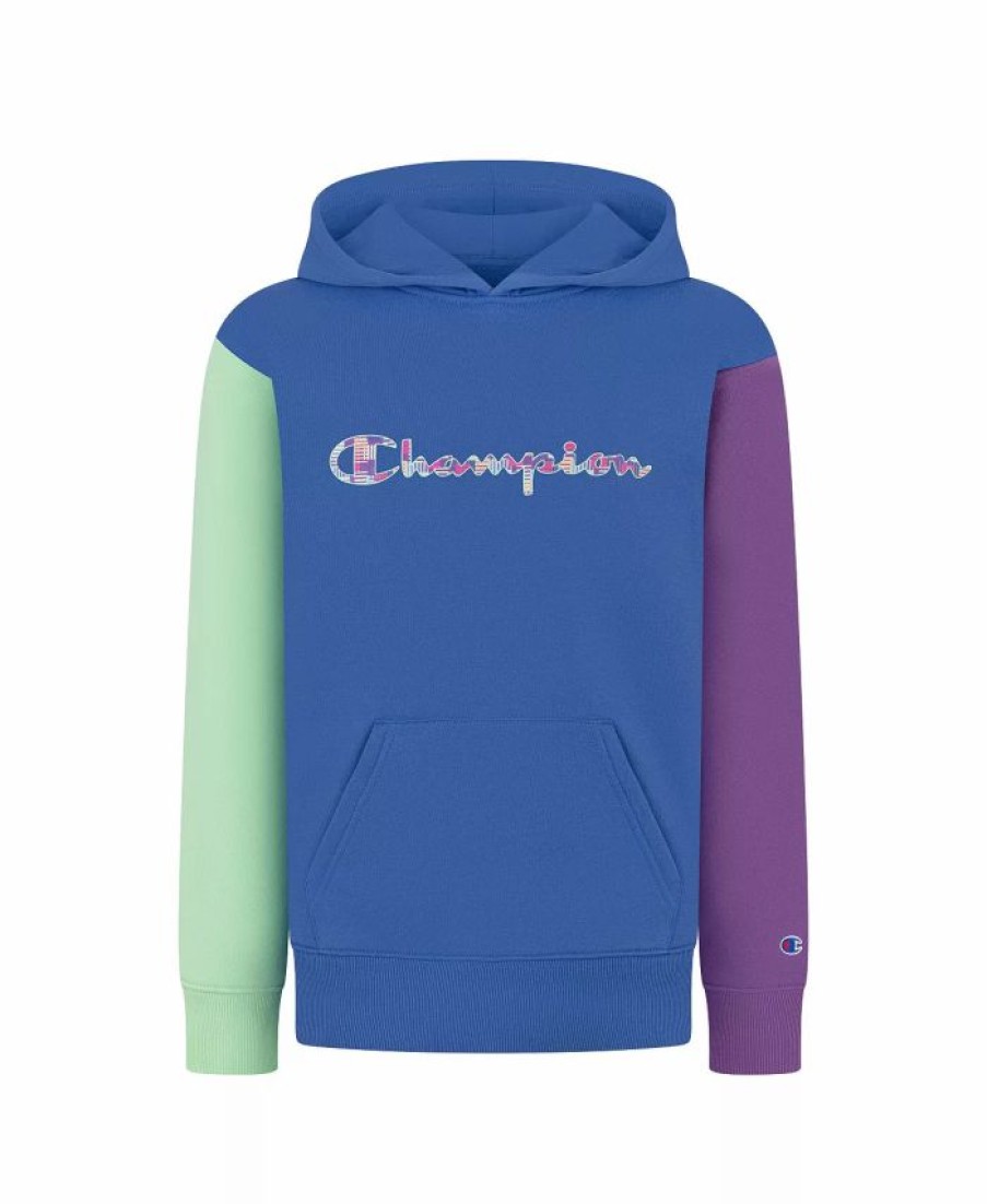 Kids * | Champion Big Girls Multi Stripe Pattern Script Long Sleeve Hoodie Sweatshirt