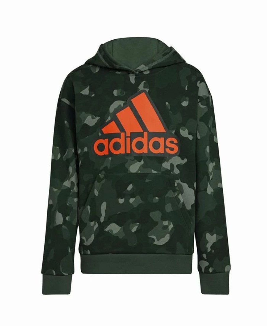 Kids * | Adidas Big Boys Long Sleeve Core Camo Allover Print Pullover Hoodie Green Oxide