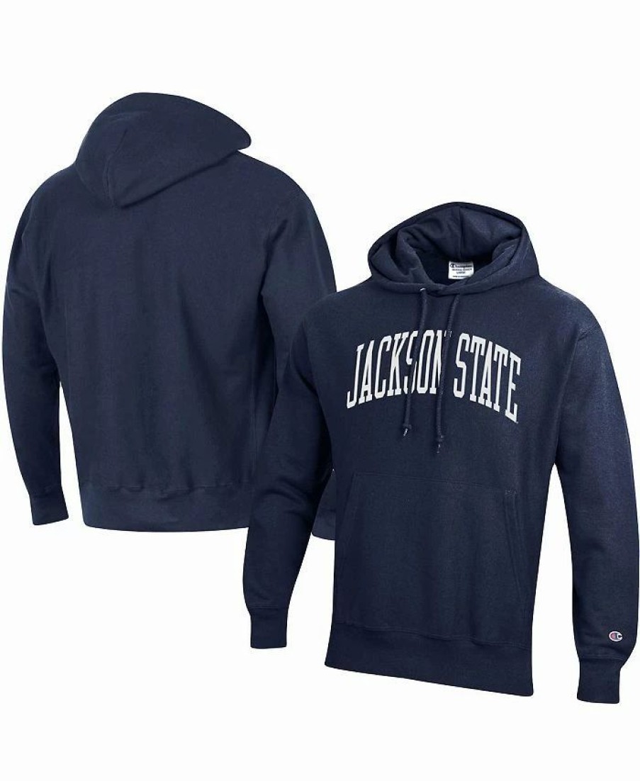 Sports Fan Shop * | Champion Men'S Jackson State Tigers Tall Arch Pullover Hoodie Navy