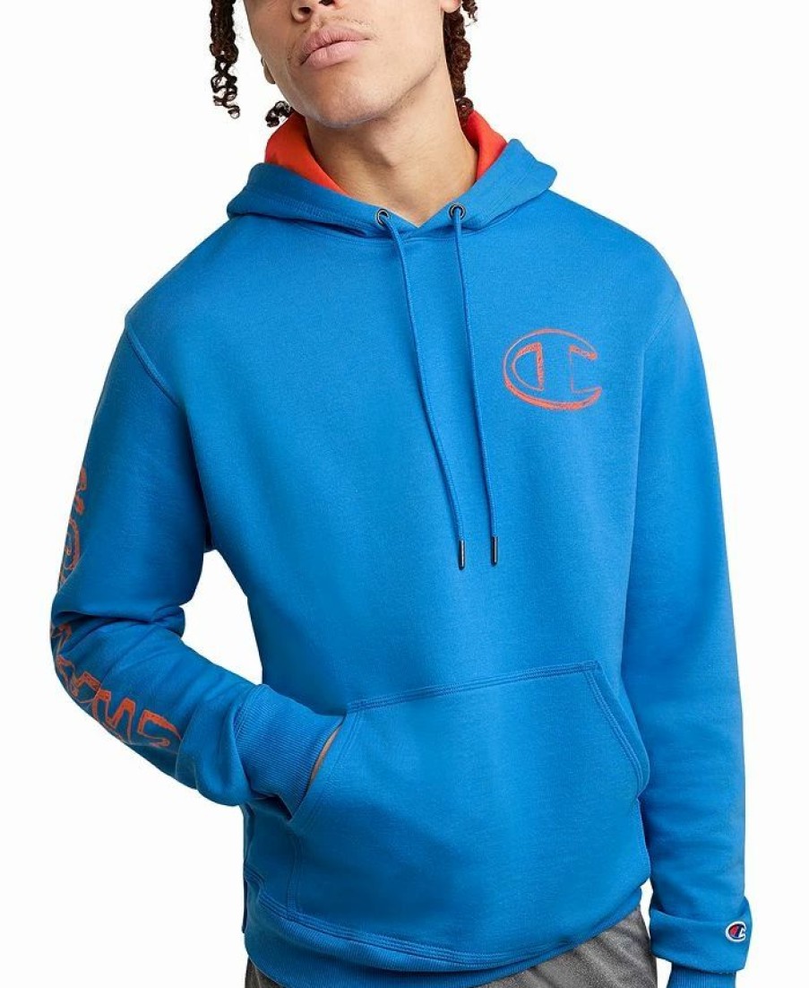 Activewear * | Champion Men'S Powerblend Standard-Fit Logo-Print Fleece Hoodie Blue Jay/Persimmon Orange