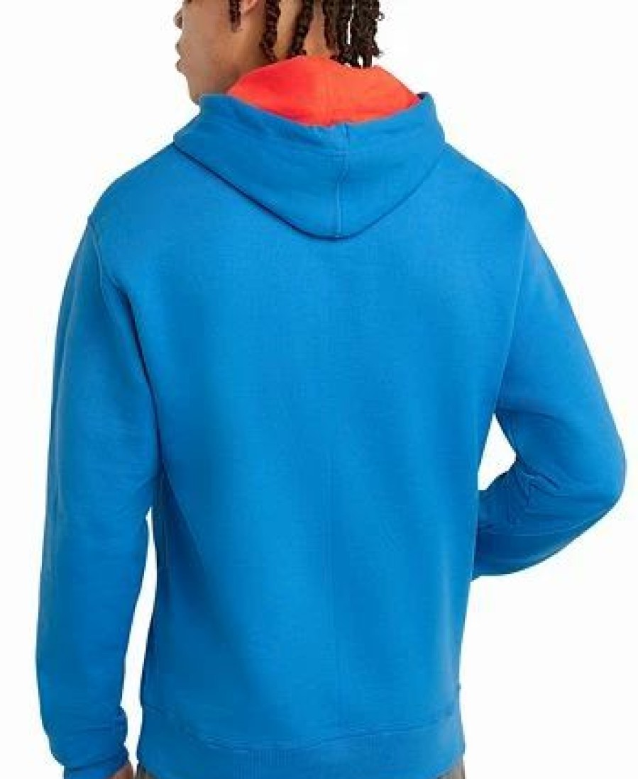 Activewear * | Champion Men'S Powerblend Standard-Fit Logo-Print Fleece Hoodie Blue Jay/Persimmon Orange