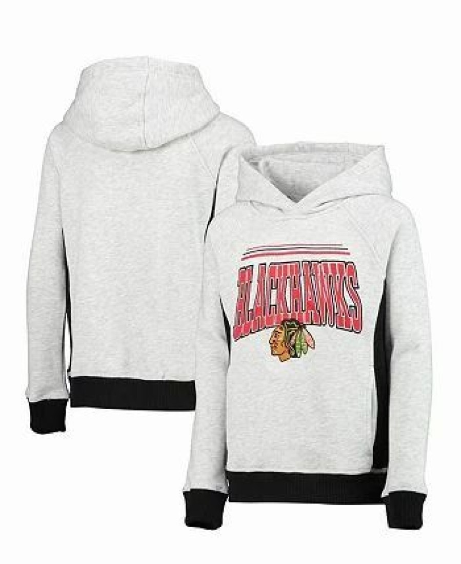 Sports Fan Shop * | Outerstuff Boys Youth Chicago Blackhawks Power Play Raglan Pullover Hoodie Heathered Gray