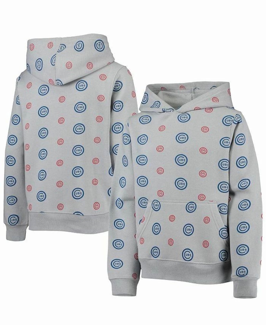 Sports Fan Shop * | Youth Boys Chicago Cubs Allover Print Pullover Hoodie Heathered Gray