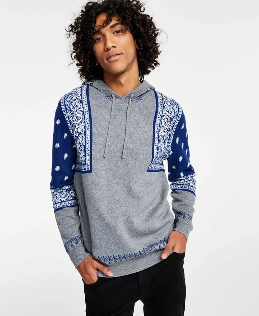 Hoodies & Sweatshirts * | Men'S Bandana Intarsia Hoodie, Created For Macy'S Grey Indigo