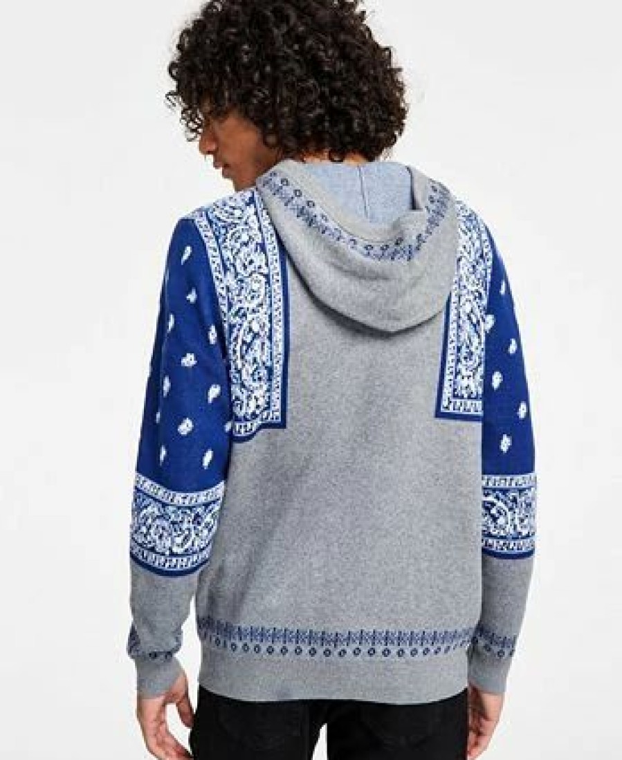 Hoodies & Sweatshirts * | Men'S Bandana Intarsia Hoodie, Created For Macy'S Grey Indigo