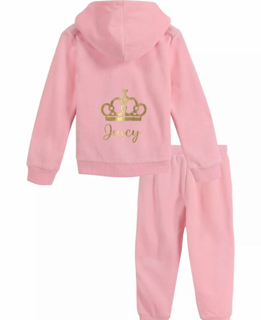 Kids * | Juicy Couture Little Girls Gold-Tone Crown Signature Zip-Up Hoodie And Pants, 2 Piece Set Pink