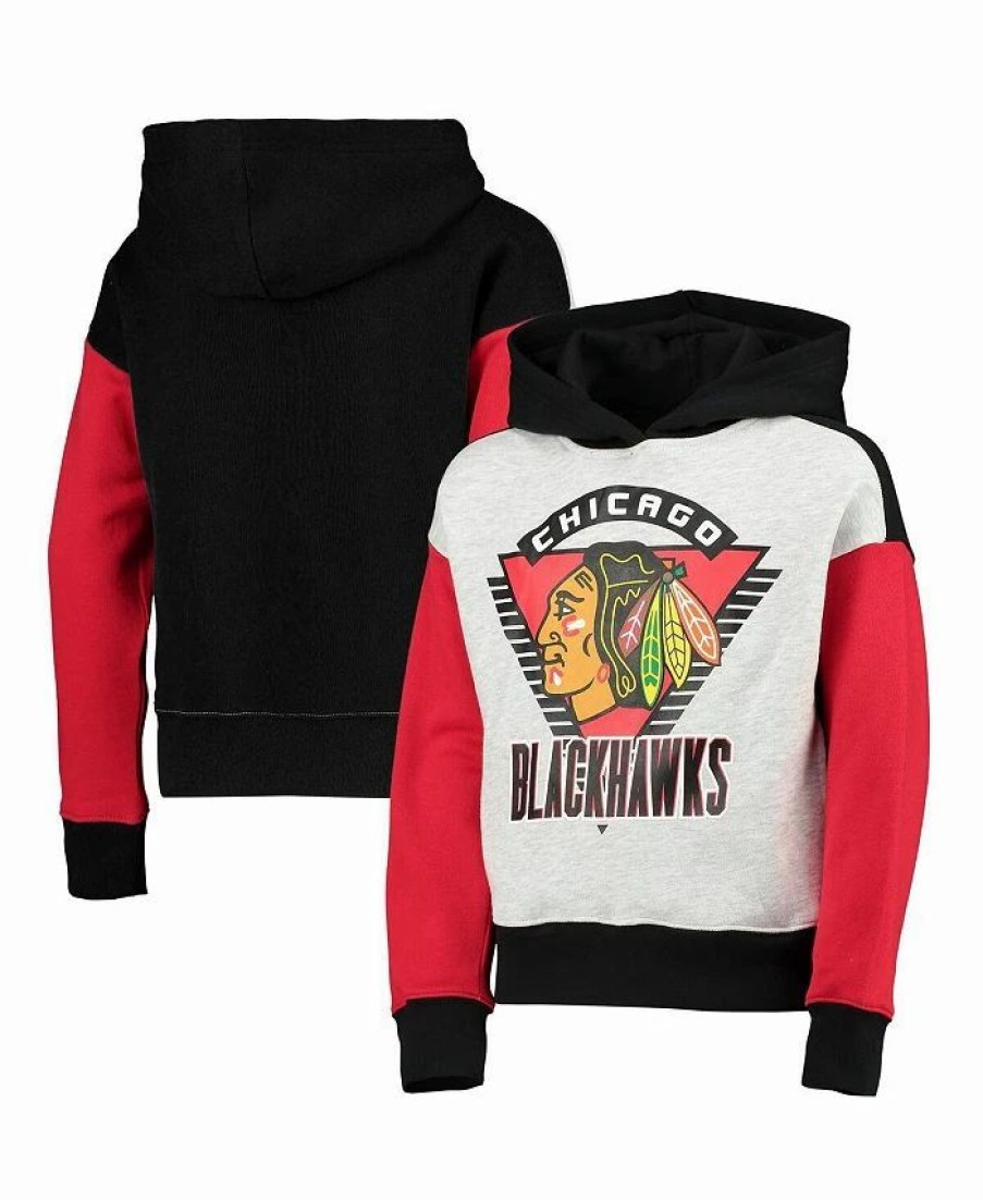 Sports Fan Shop * | Outerstuff Girls Youth Chicago Blackhawks Let'S Get Loud Pullover Hoodie Heathered Gray, Black