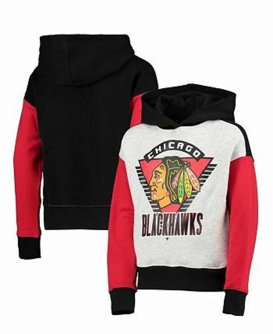 Sports Fan Shop * | Outerstuff Girls Youth Chicago Blackhawks Let'S Get Loud Pullover Hoodie Heathered Gray, Black