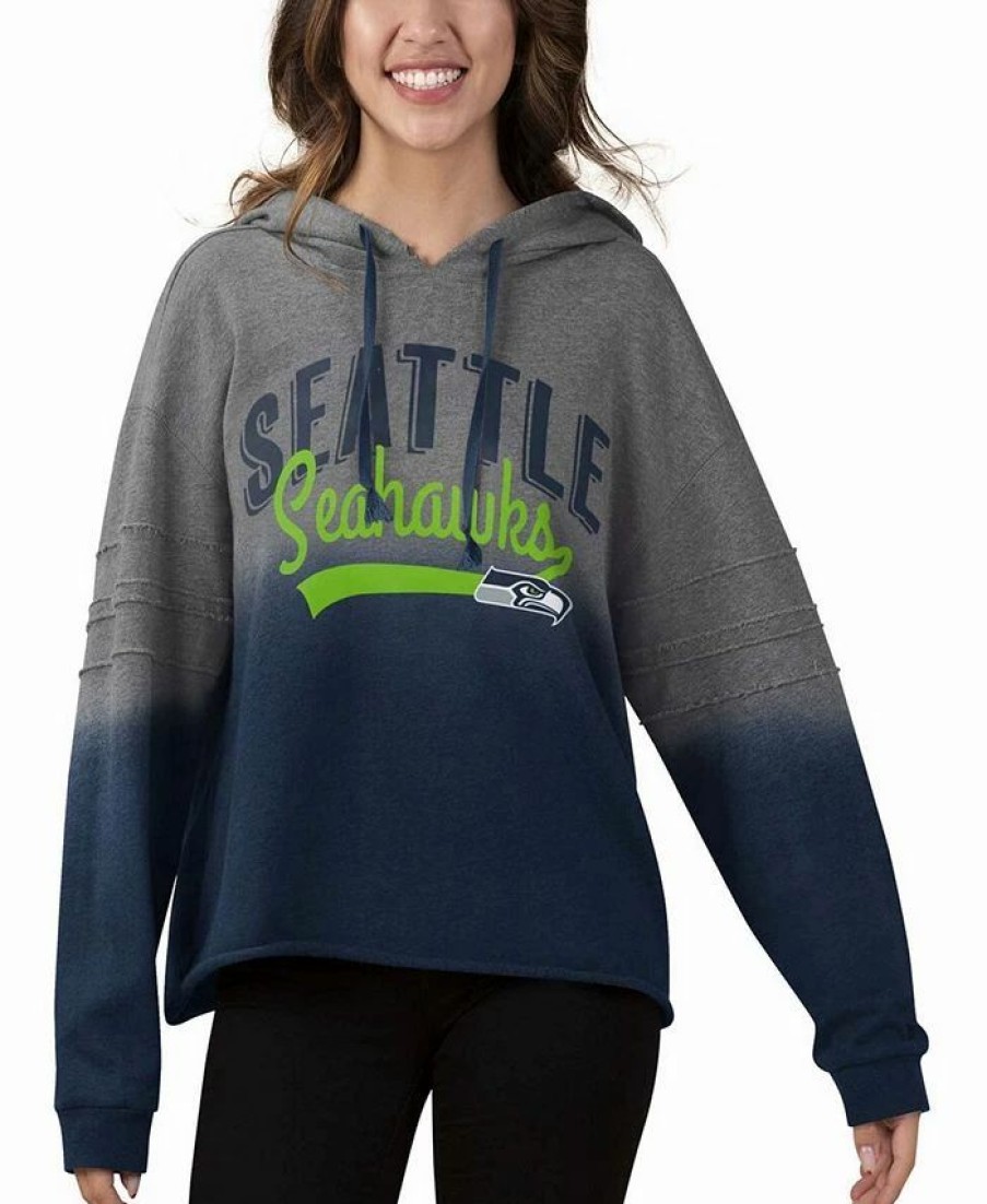 Sports Fan Shop * | Women'S , College Navy Seattle Seahawks Superstar Dip-Dye Crop Pullover Hoodie Heather Gray