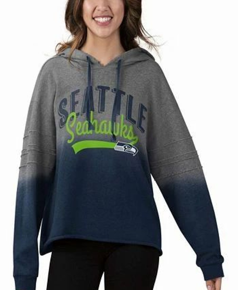 Sports Fan Shop * | Women'S , College Navy Seattle Seahawks Superstar Dip-Dye Crop Pullover Hoodie Heather Gray