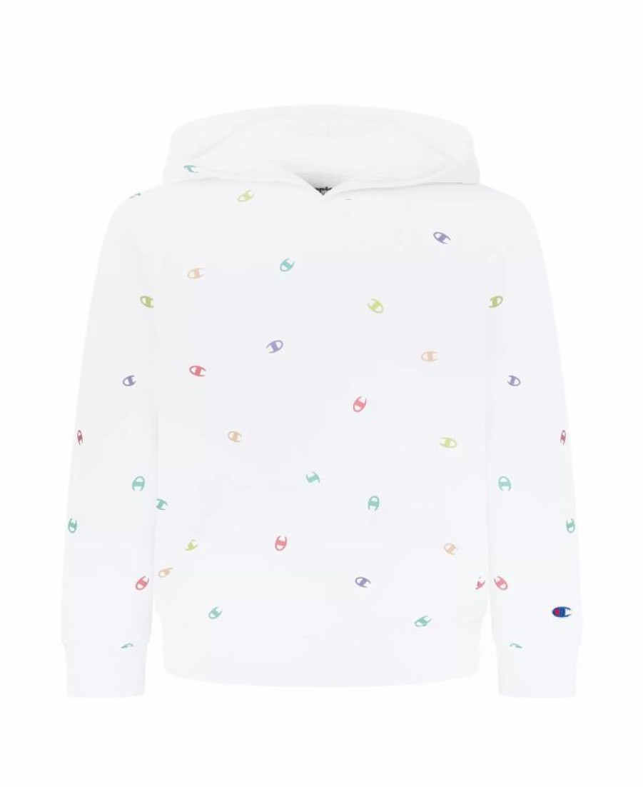 Kids * | Champion Big Girls Tossed C Logo All Over Print Fleece Hoodie White