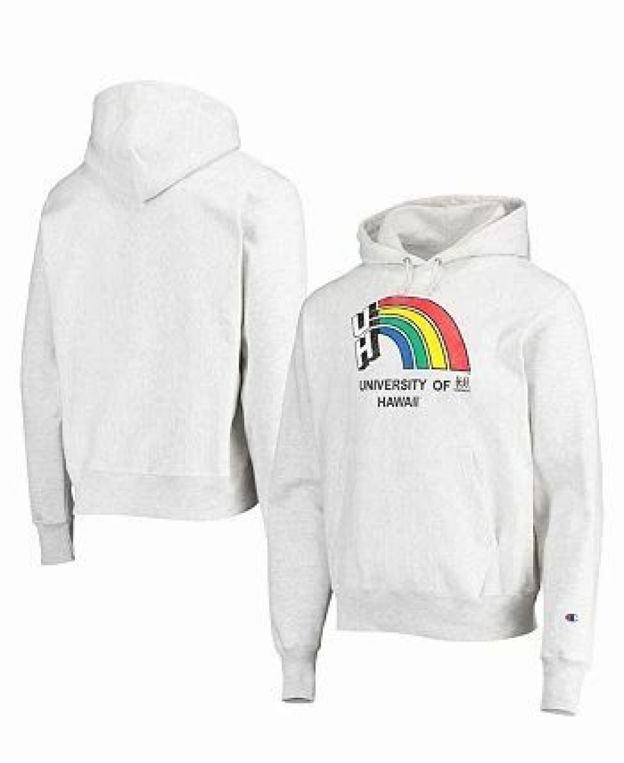 Sports Fan Shop * | Champion Men'S Hawaii Warriors Team Vault Logo Reverse Weave Pullover Hoodie Heathered Gray