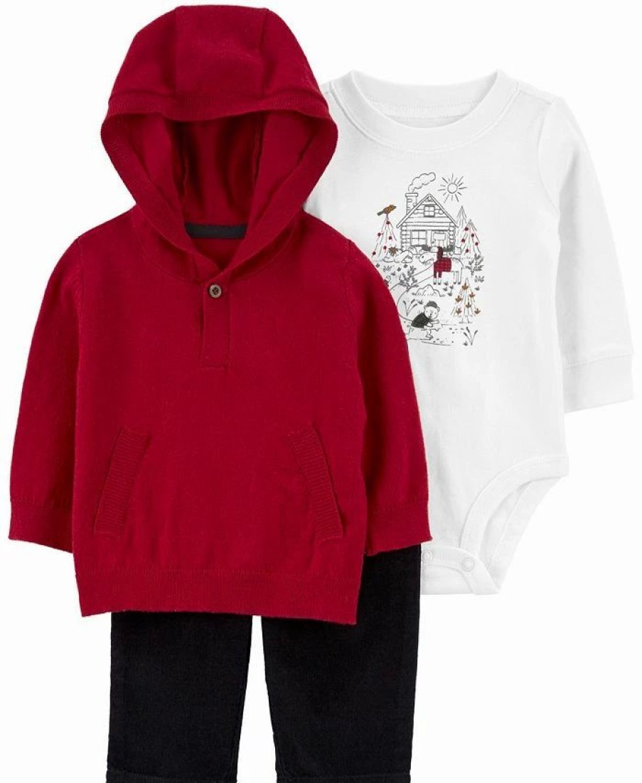 Kids * | Carter'S Baby Boys Pullover Hoodie, Bodysuit And Pants, 3 Piece Set Red