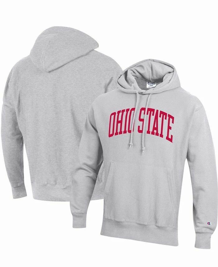 Sports Fan Shop * | Champion Men'S Ohio State Buckeyes Team Arch Reverse Weave Pullover Hoodie Heathered Gray