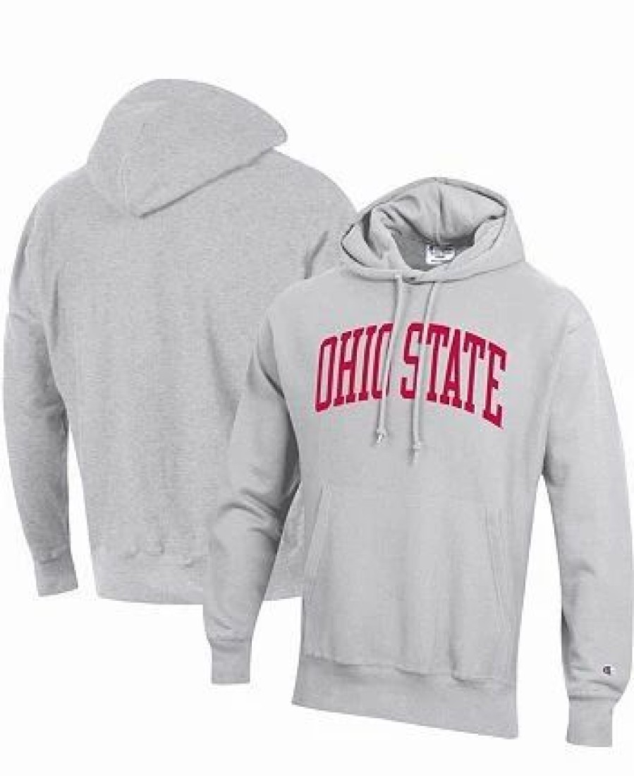 Sports Fan Shop * | Champion Men'S Ohio State Buckeyes Team Arch Reverse Weave Pullover Hoodie Heathered Gray