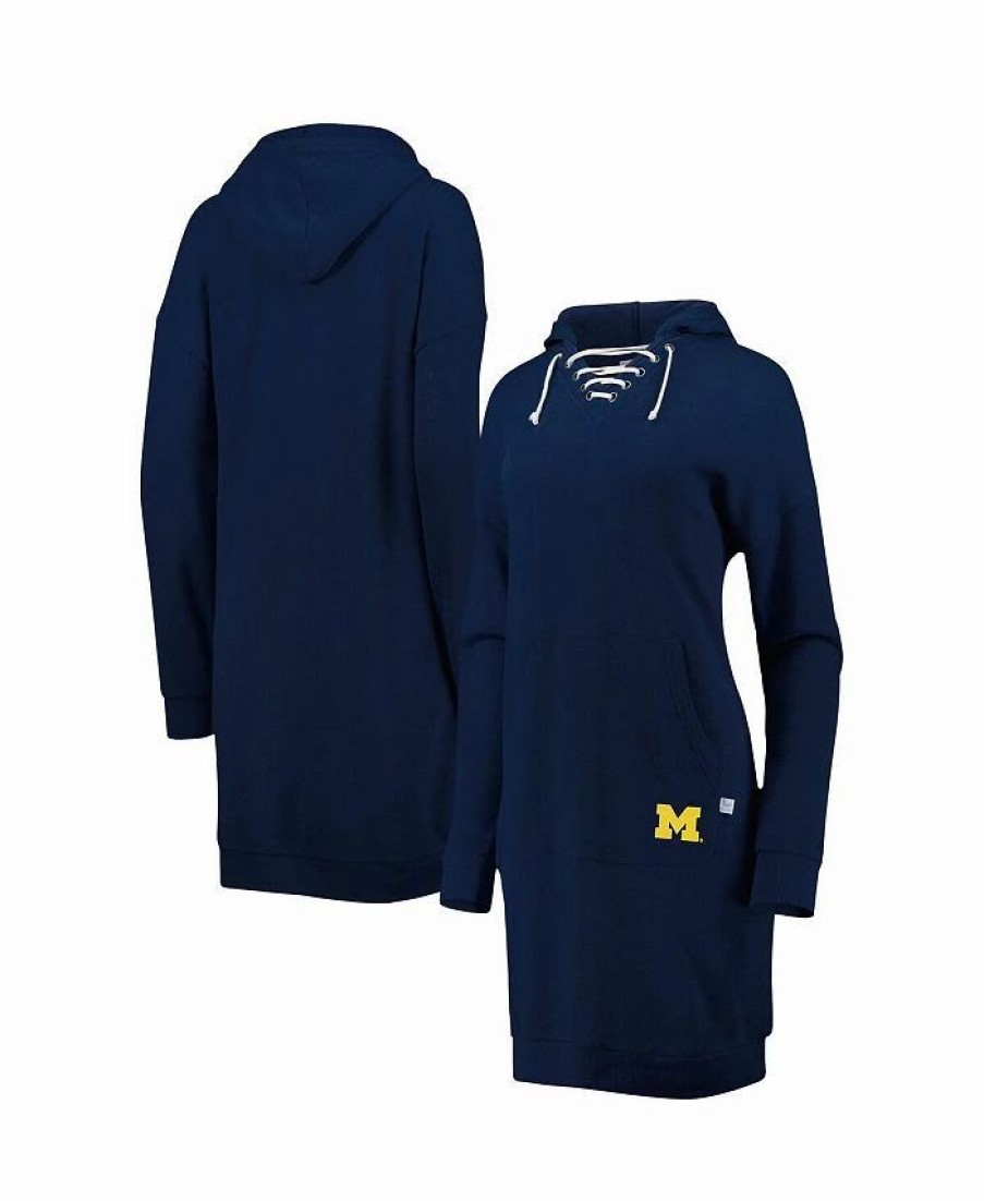 Sports Fan Shop * | Women'S Michigan Wolverines Quick Pass Lace-Up V-Neck Hoodie Dress Navy