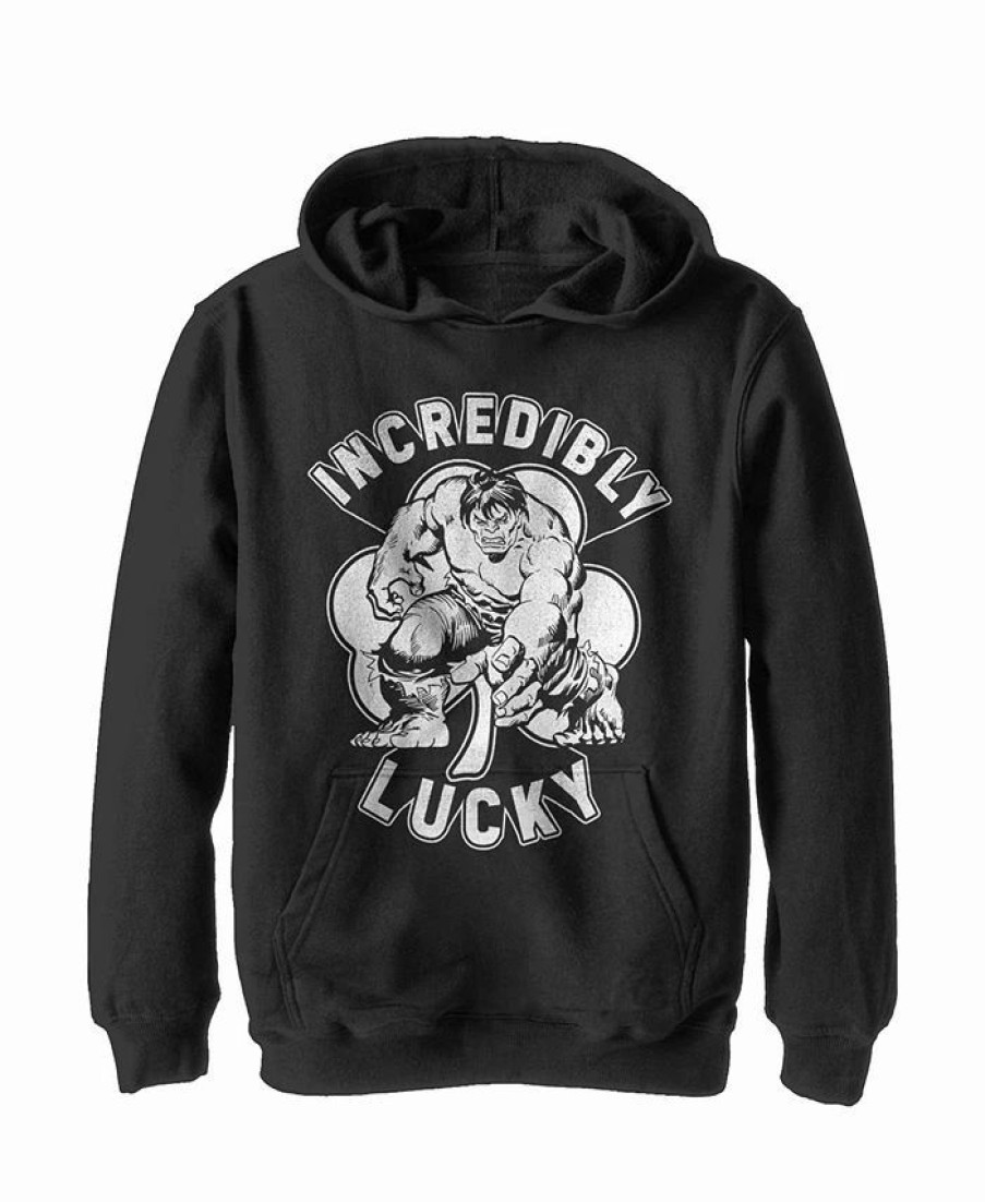 Kids * | Marvel Boy'S St. Patrick'S Day Hulk Incredibly Lucky Clover Child Pull Over Hoodie Black