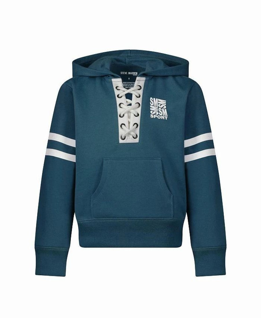 Kids * | Steve Madden Girl'S Fleece Lace-Up Logo Pullover Hoodie, Kids Blue Ashes