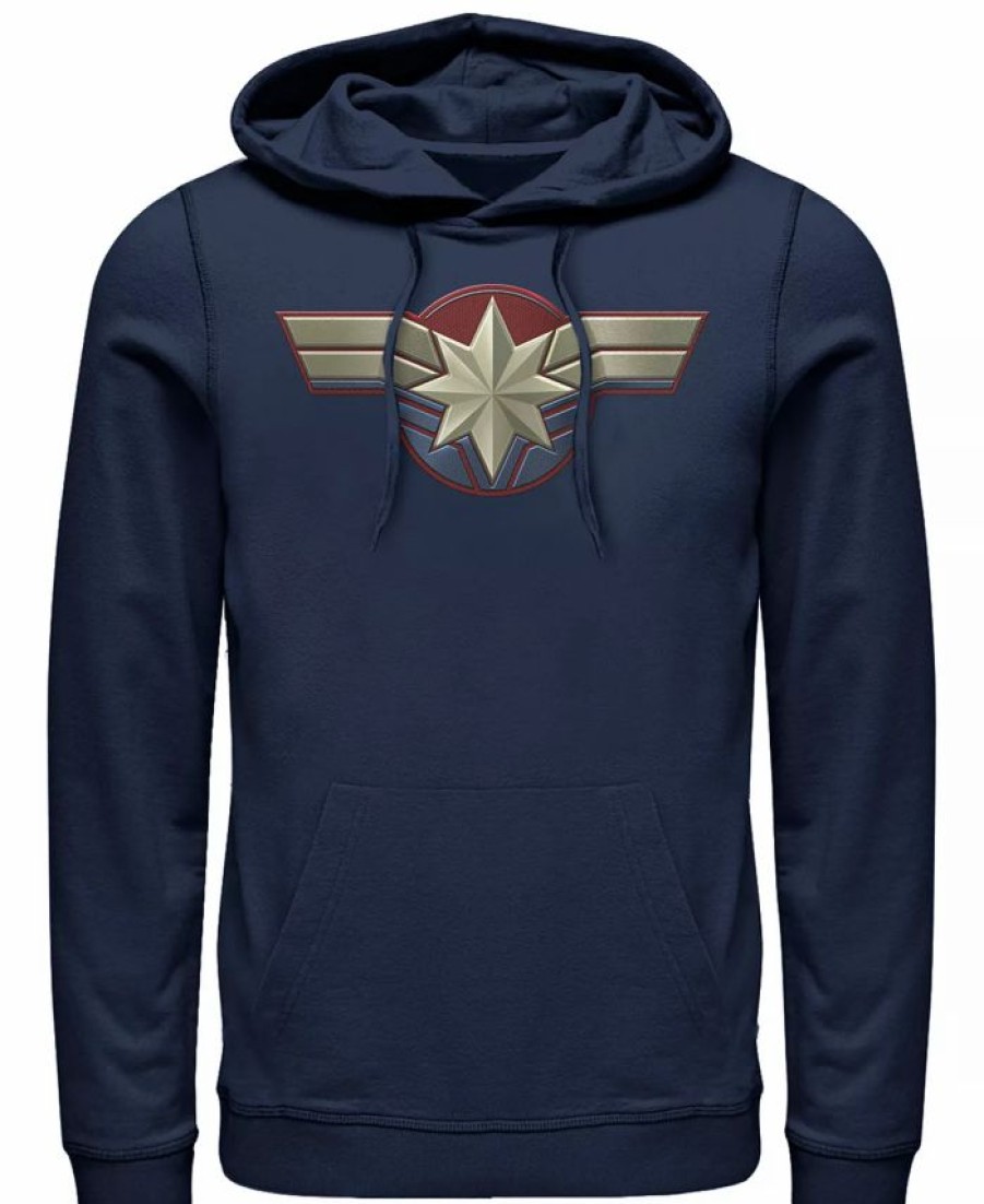 Hoodies & Sweatshirts * | Marvel Men'S Captain Marvel Chest Logo Costume, Pullover Hoodie Navy