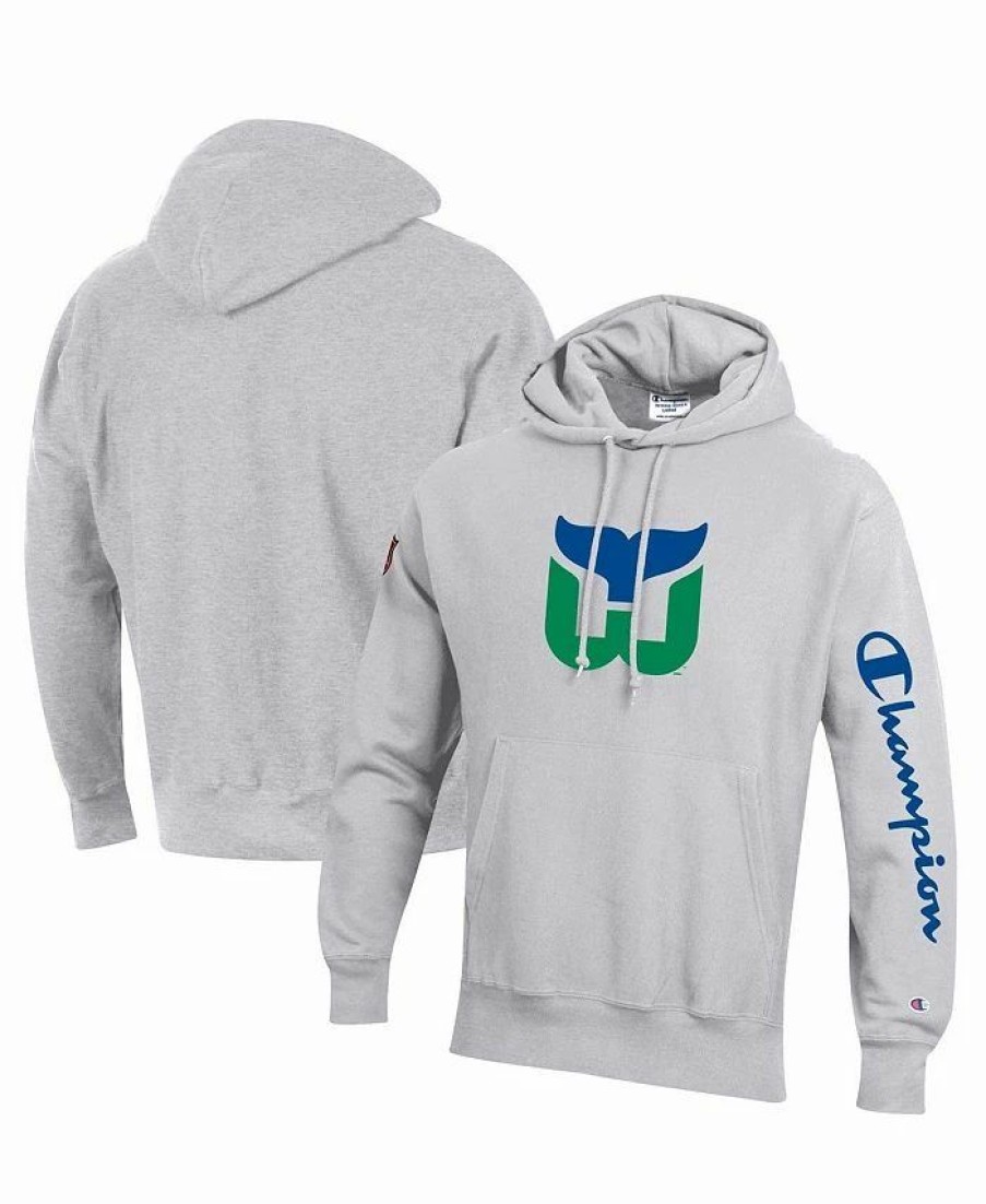 Sports Fan Shop * | Champion Men'S Hartford Whalers Reverse Weave Pullover Hoodie Heathered Gray